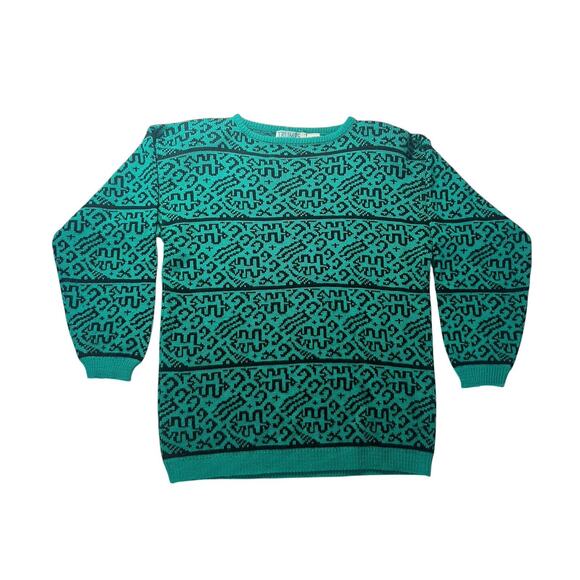 TRUMPS Sport Mens Sweater Pullover Sz Medium Taiwan Teal Geometric 80s 90s? - Picture 1 of 6